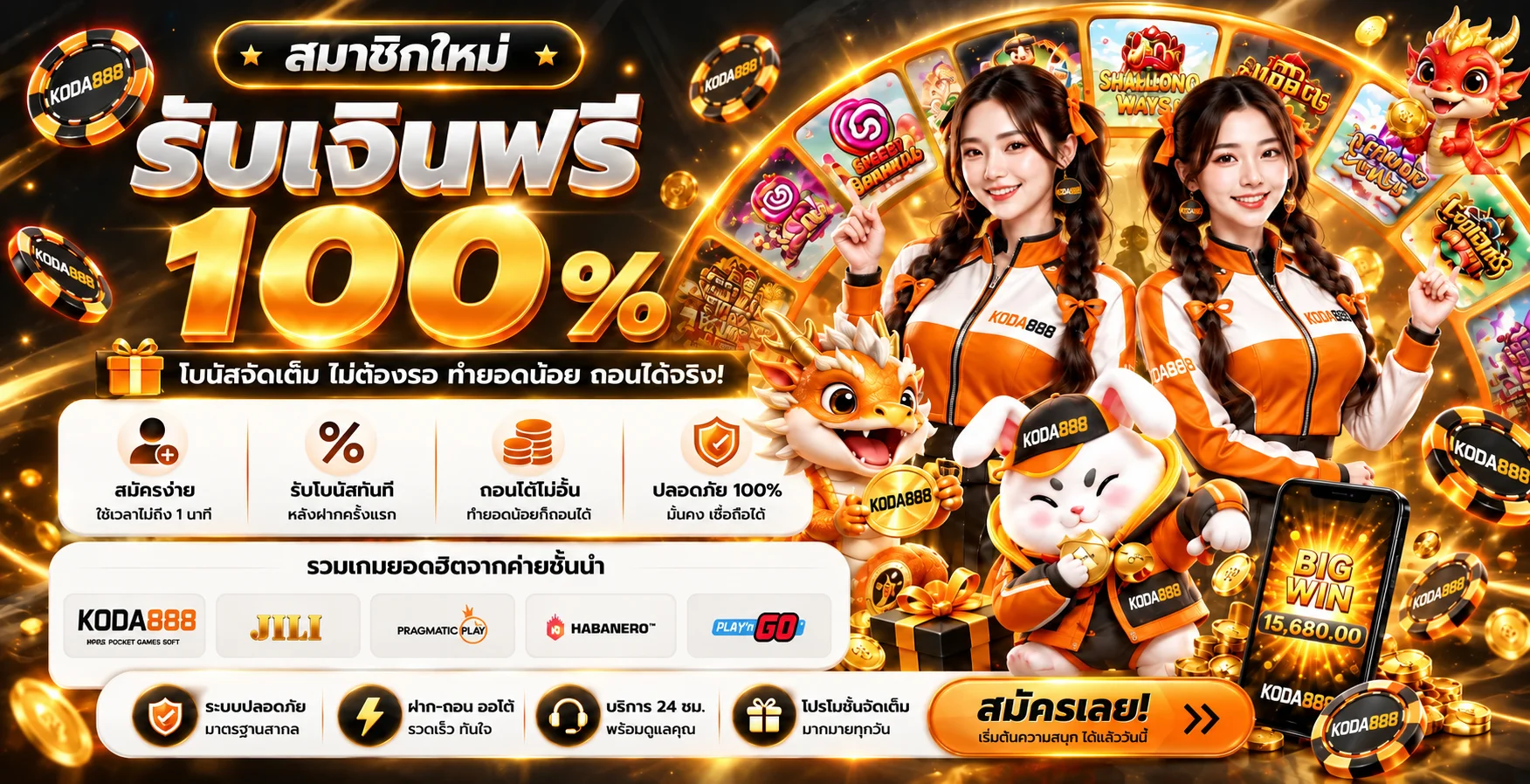 แบนเนอร์ KODA888 สล็อตและโบนัสสมาชิกใหม่โทนดำทอง